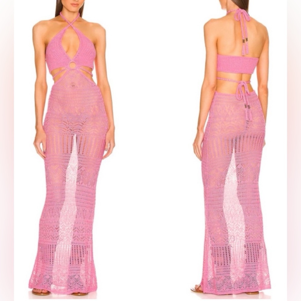 DUNDAS x REVOLVE Maia Maxi Dress in Pink Crochet Halter Cover-Up